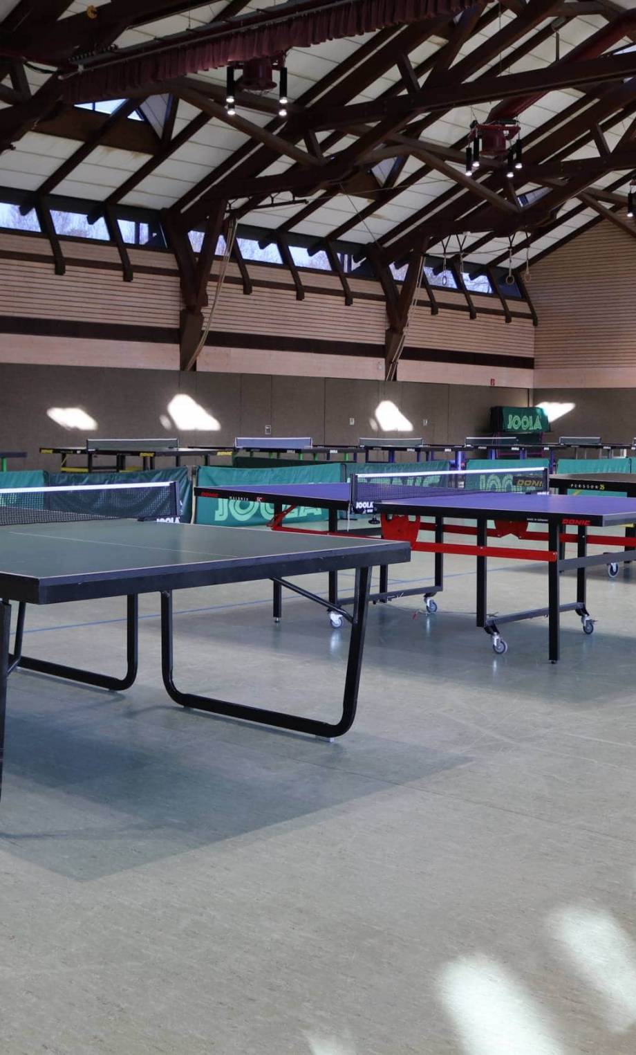 IMG_4590 Hochwertige Tische für Tischtennis in einem gut ausgestatteten Turnhallenraum, ideal für Trainings- und Wettkampfsituationen.